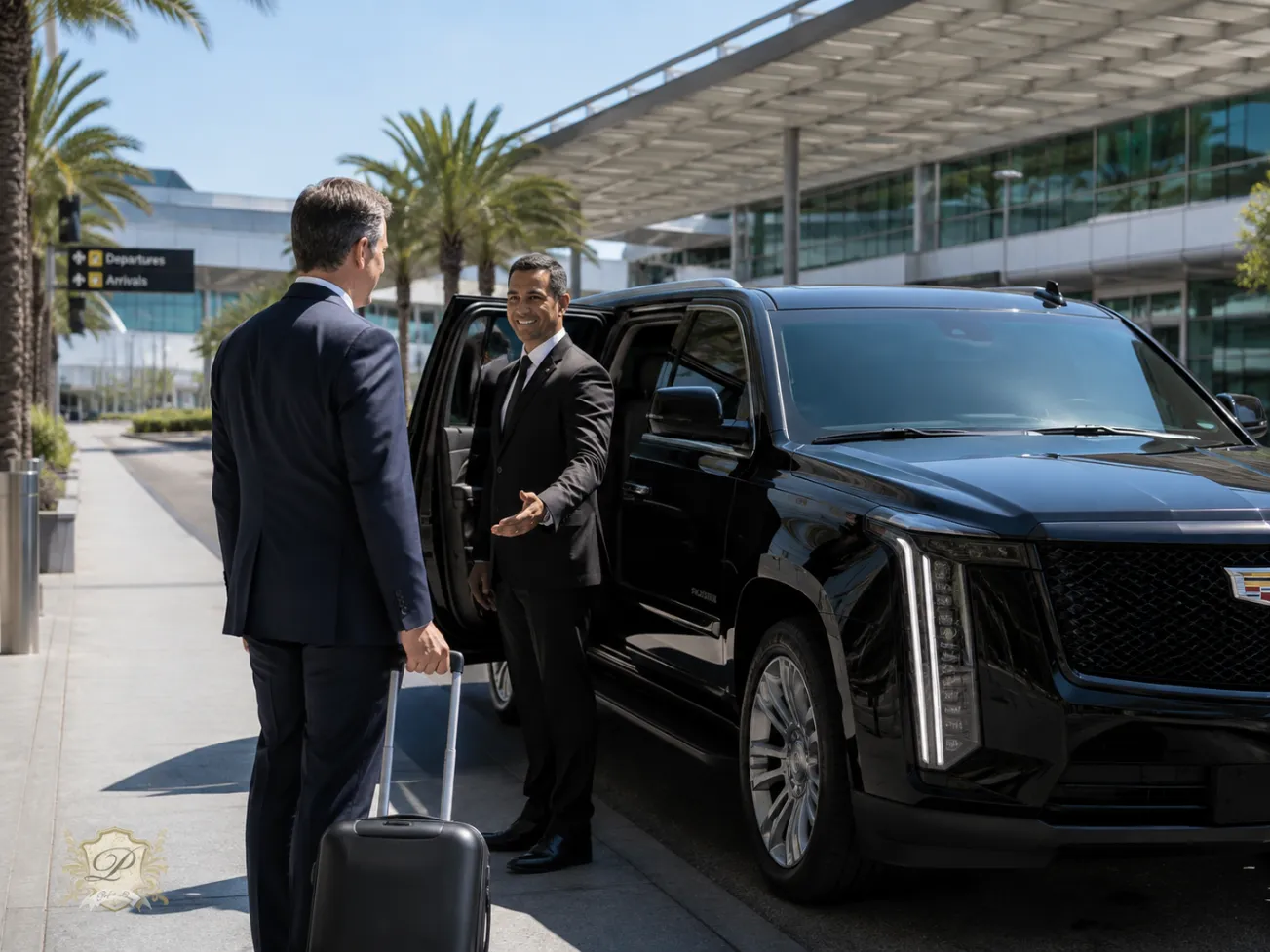 Professional chauffeur greeting a vip guest during an executive airport pickup