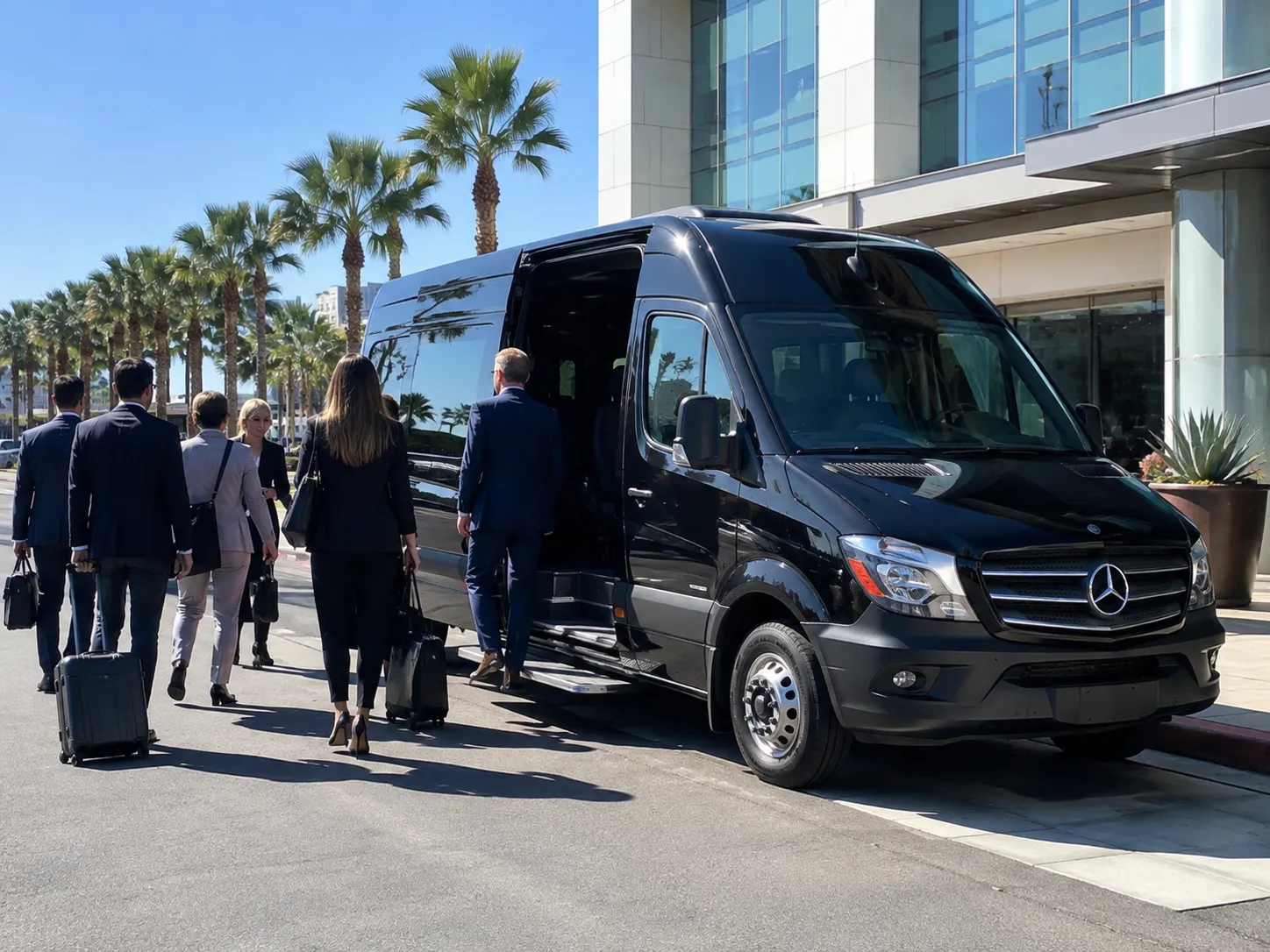 Black Mercedes Sprinter for corporate group transportation in Southern California
