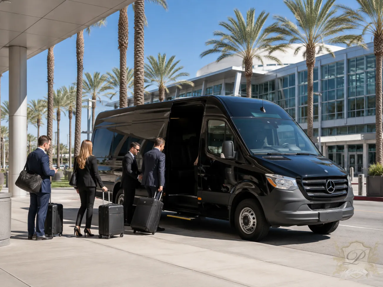 Black mercedes sprinter for corporate group transportation in southern california