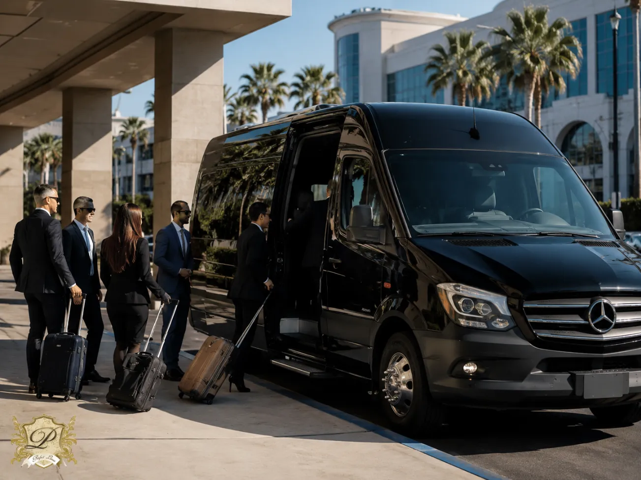 Black mercedes sprinter van for corporate group transportation cost planning in southern california