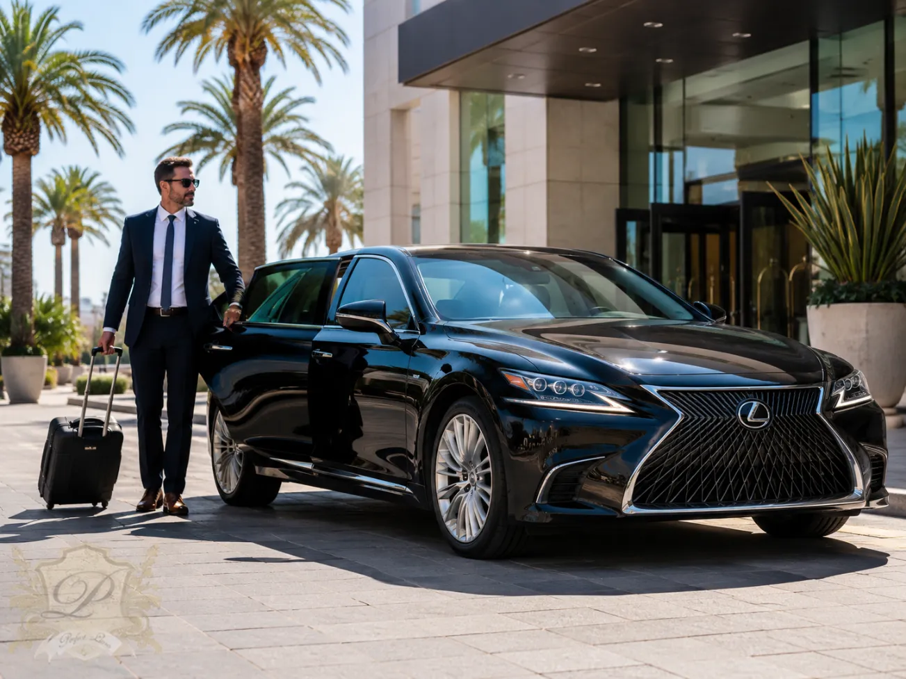 Black lexus executive sedan for corporate transportation and business travel in southern california