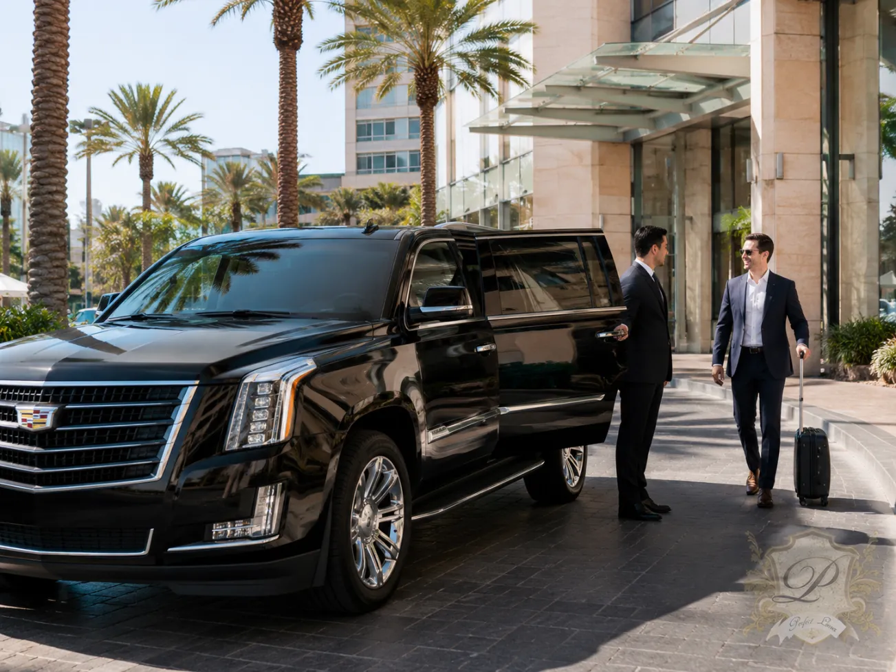 Black cadillac escalade executive suv for corporate transportation in southern california