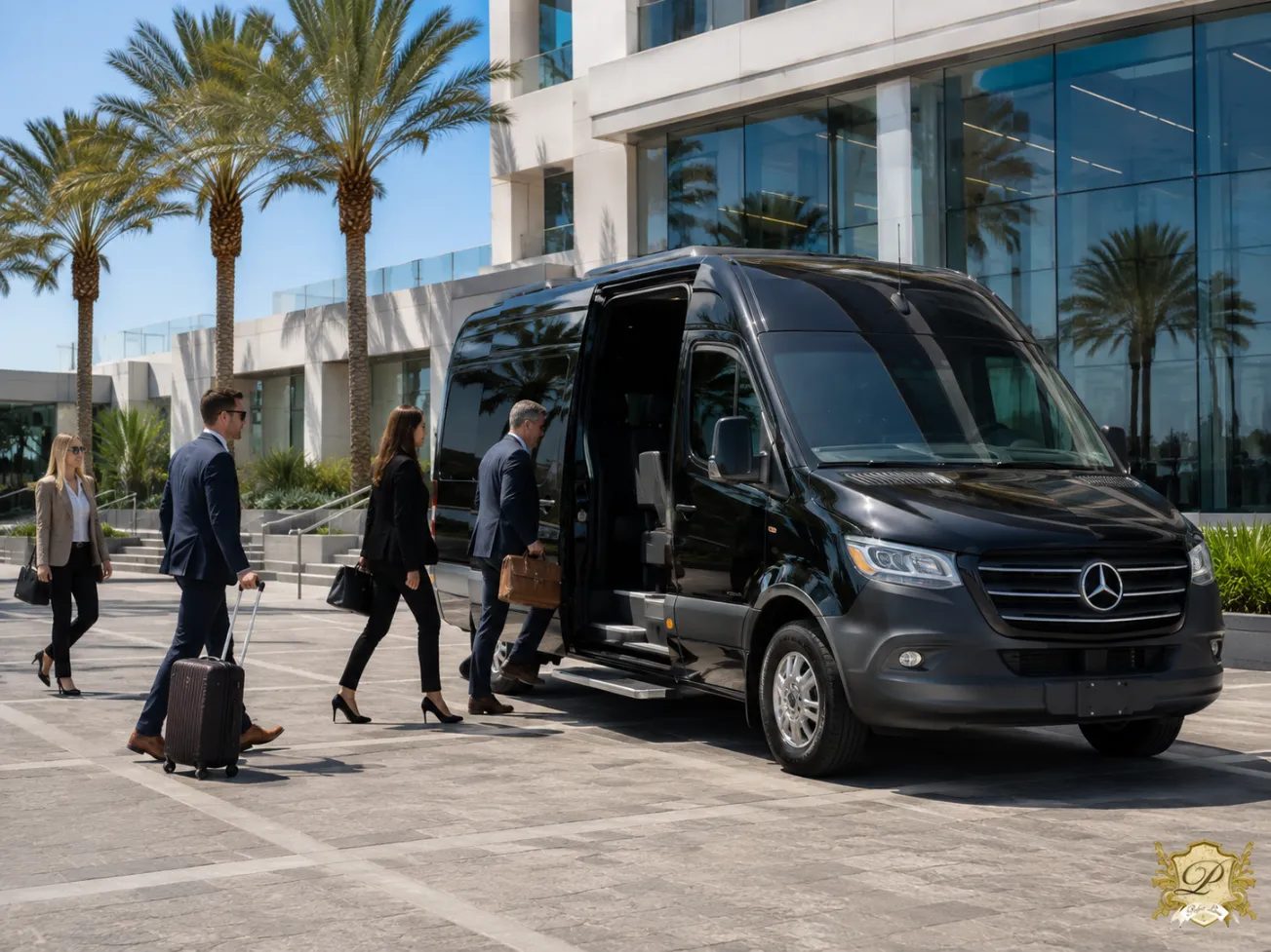 Black mercedes sprinter van for group business meeting transportation in southern california