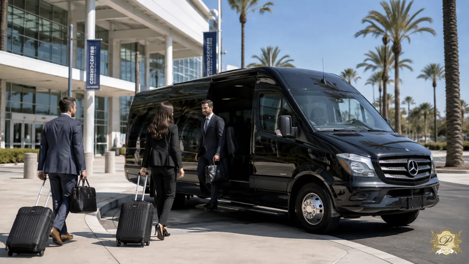 Black mercedes sprinter for corporate group conference transportation in southern california