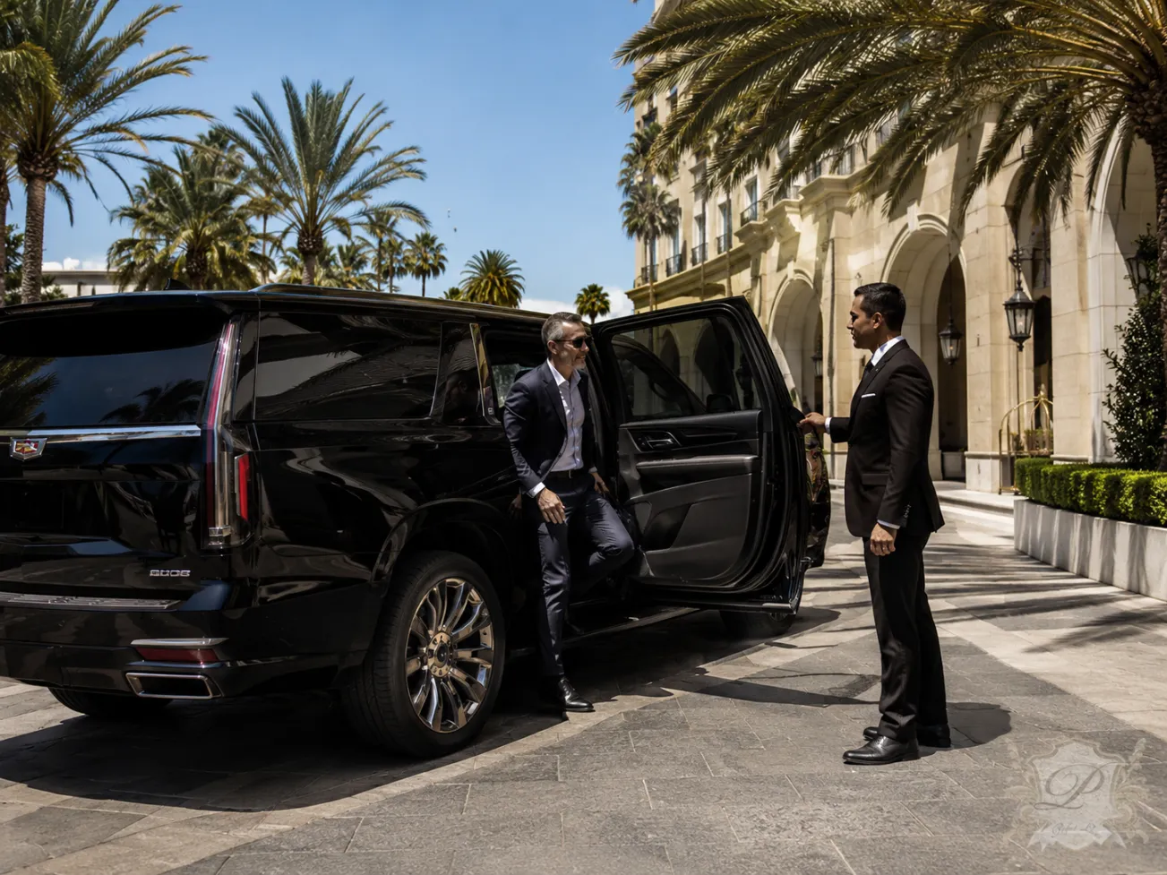 Black cadillac escalade for private chauffeur and executive business travel in southern california