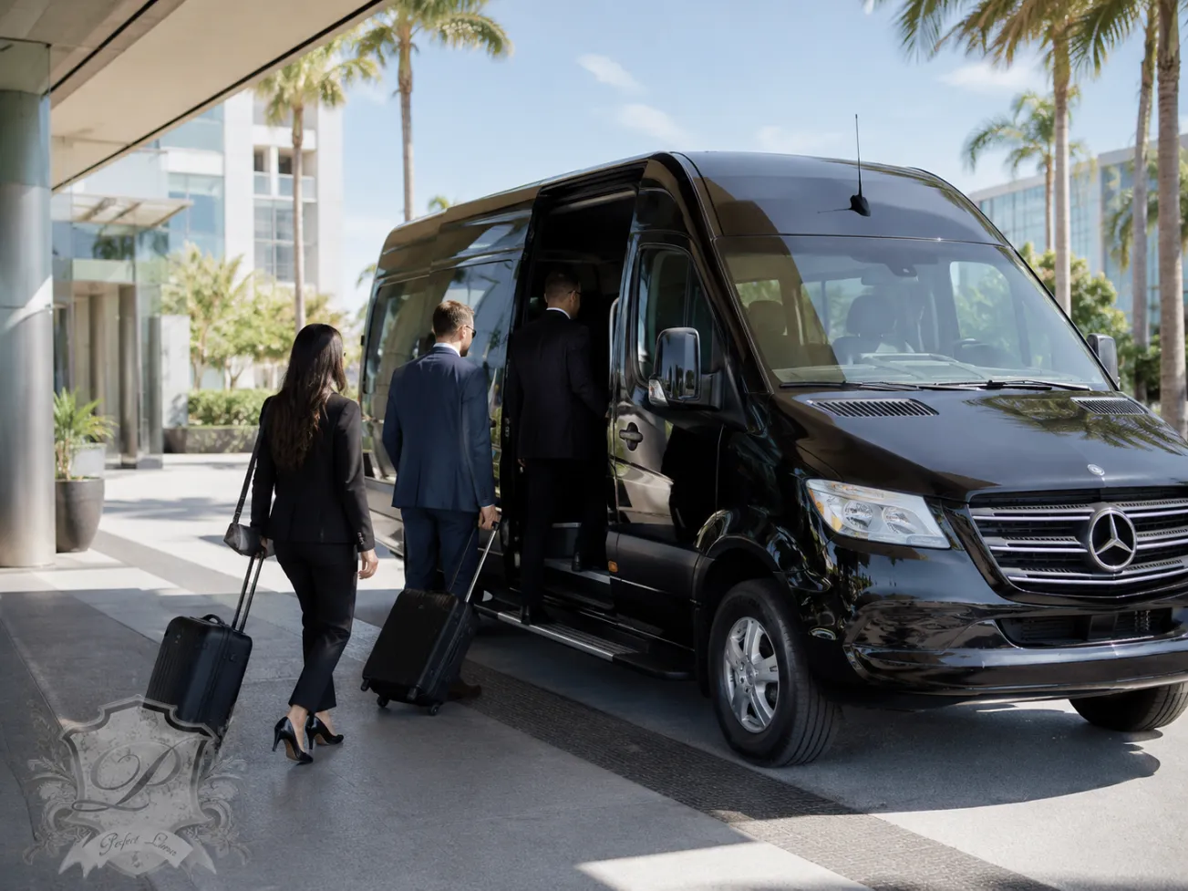 Black mercedes sprinter for corporate transportation and group business travel in southern california