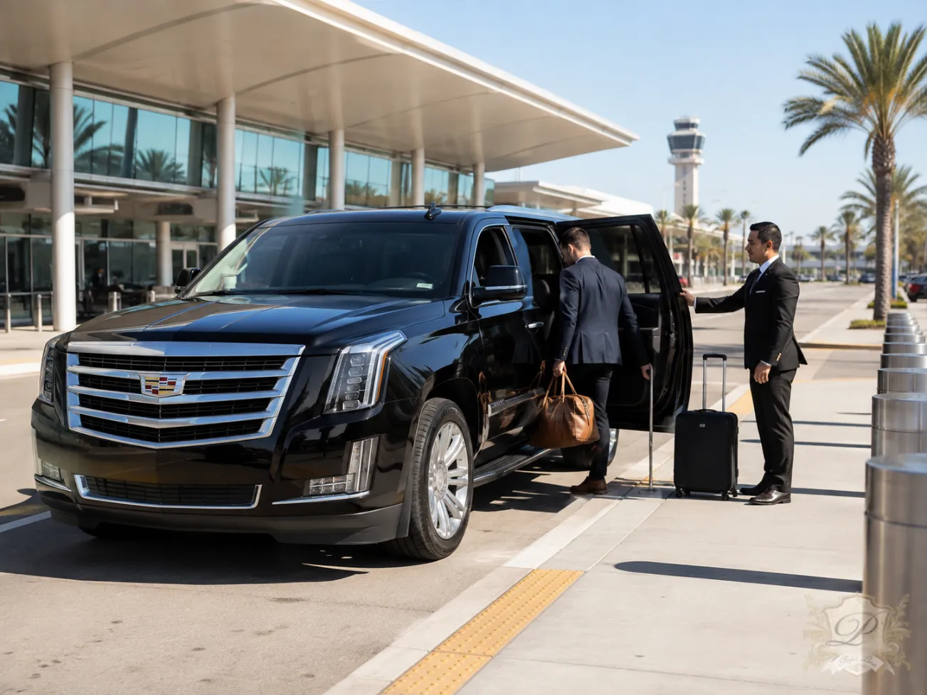 Black cadillac escalade for vip airport pickup and executive client transportation