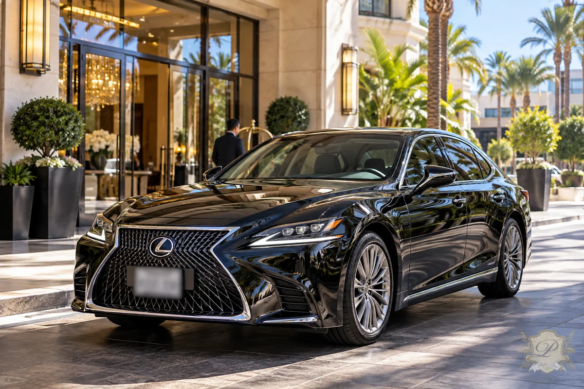 Black executive Lexus sedan for corporate limo service and business meetings at a Southern California hotel