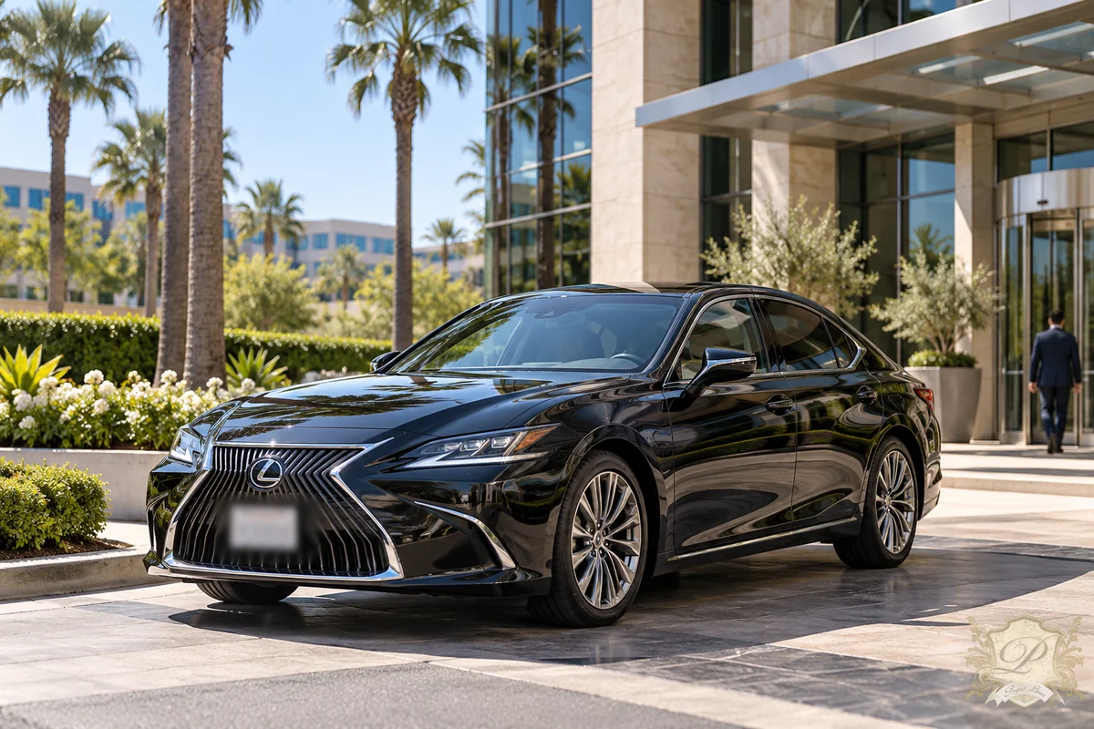 Black Lexus executive sedan outside a business complex for corporate transportation services in Southern California